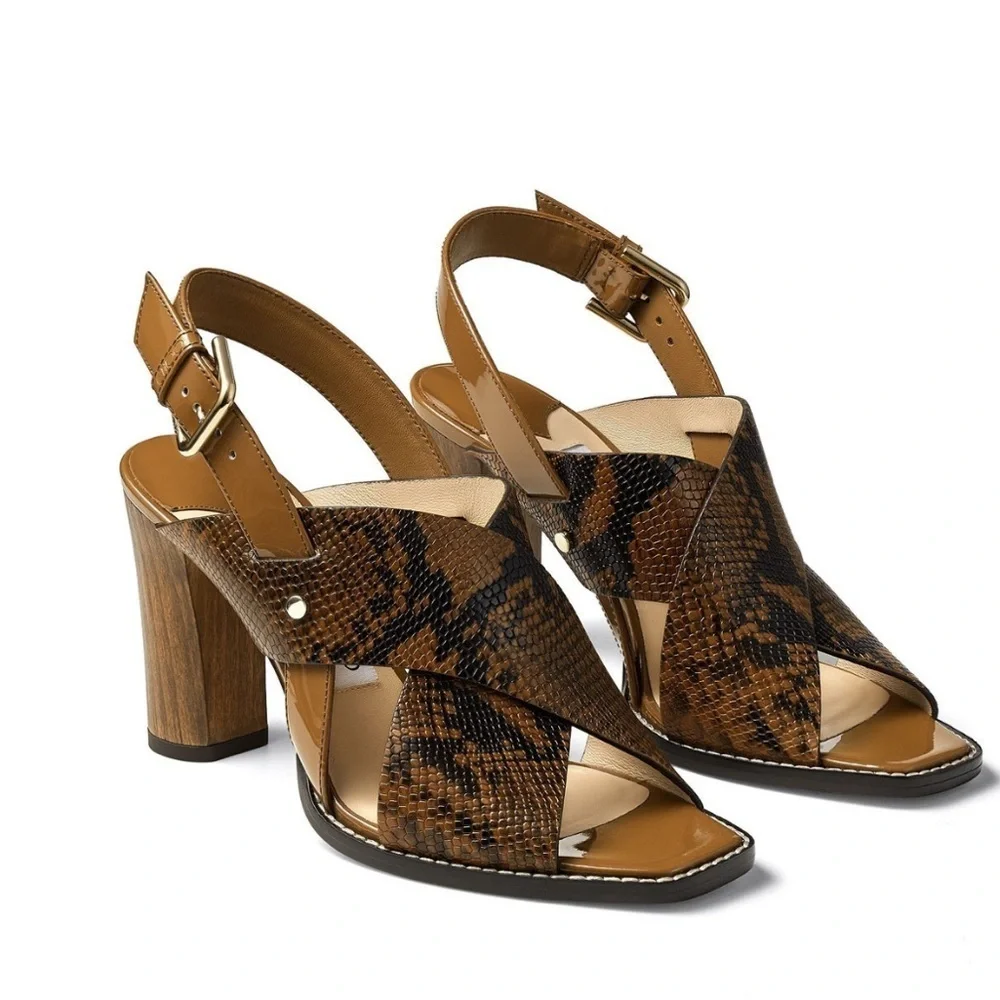 NWT Jimmy Choo Aix 85 Snake Printed Leather Sandals in Cuoio, Size 35.5
